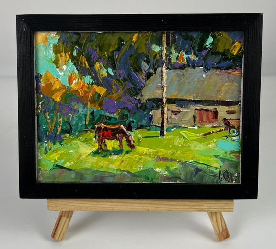 Image 1 of Peinture à l'huile originale représentant un paysage rural et une journée d'été au village