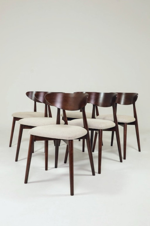 Ensemble de 6 chaises de salle à manger, noyer foncé, tapisserie d'ameublement beige à chevrons, design naturel