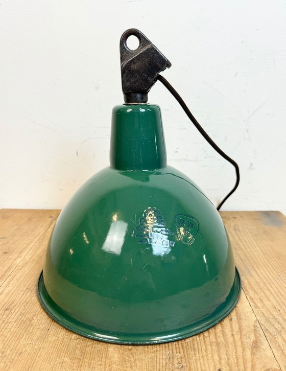 Image 1 of Industrial Green Enamel Factory Lamp with Cast Iron Top, 1960s