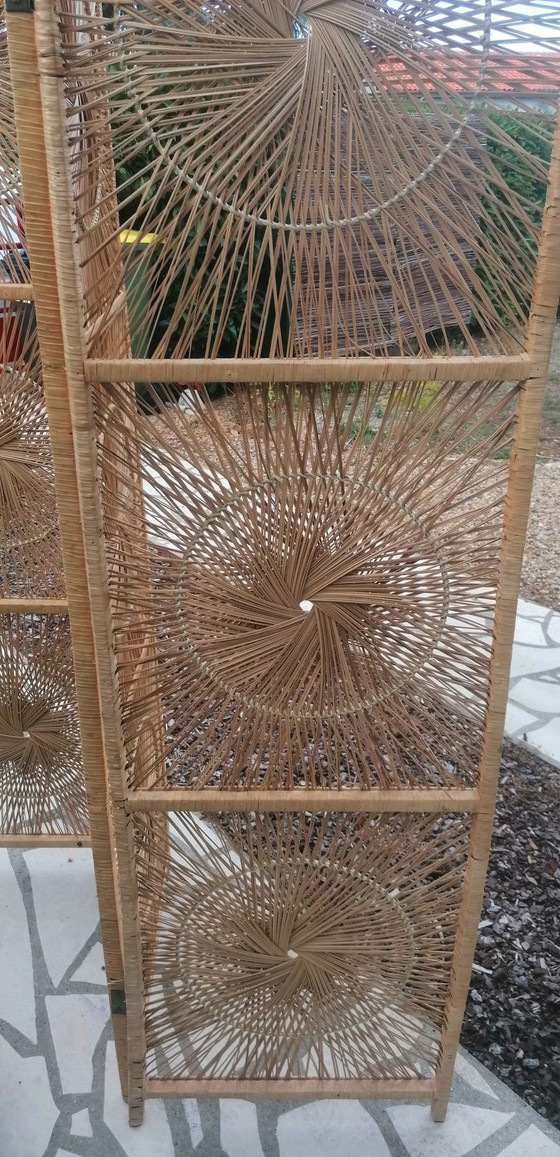 3-panel folding rattan, bamboo, and wood screen, Room screens, Brown, Vintage (photo 13 of 14)