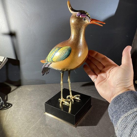 Crested Bird Polychrome Porcelain & Ormolu Sculpture, 1970s – Bronze, Wood, Hollywood Regency (photo 2 of 19)