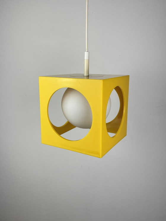 Image 1 of Space Age Ceiling Lamp, Richard Essig, Yellow Minimalistic Cube Design, 1970s, Retro-Futuristic Lamp, Germany, Sputnik Design