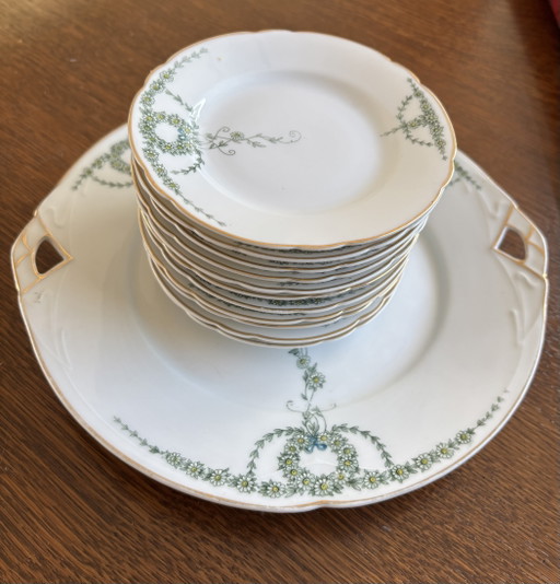 Antieke Fraureuth Porseleinen Gebakset / Dessertset (12-delig) – Ca. 1900 – servies, Porcelain