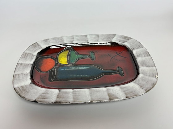 Image 1 of Vintage German Rectangular Enamal Tray with Figurative Wine Bottle and Carafe Motif - Model 342-33. Germany, 1960s. 