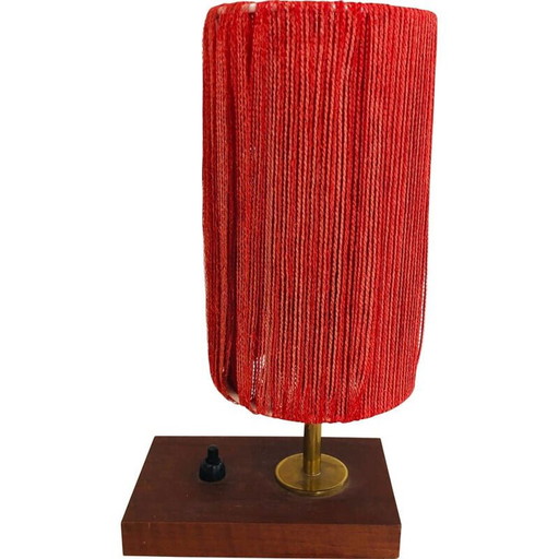 Lampada vintage in legno, ottone e lana, Francia 1950