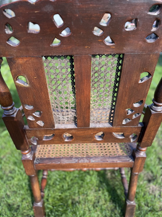 Antique English Carolean Armchair C.1900 – Carved Oak – Cherubs – Cane – Rattan, Wood (photo 5 of 9)