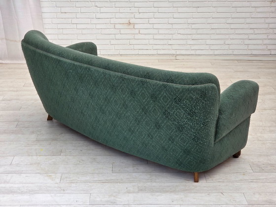 Image 1 of 1960s, Danish 3-seater curved sofa, light green furniture fabric, original condition.