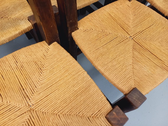 Image 1 of Set of 6 vintage brutalist chairs in solid oak and straw from the 60s