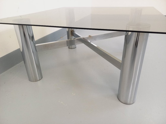 Image 1 of Vintage Italian square Space Age coffee table in smoked glass and chrome metal from the 1970s
