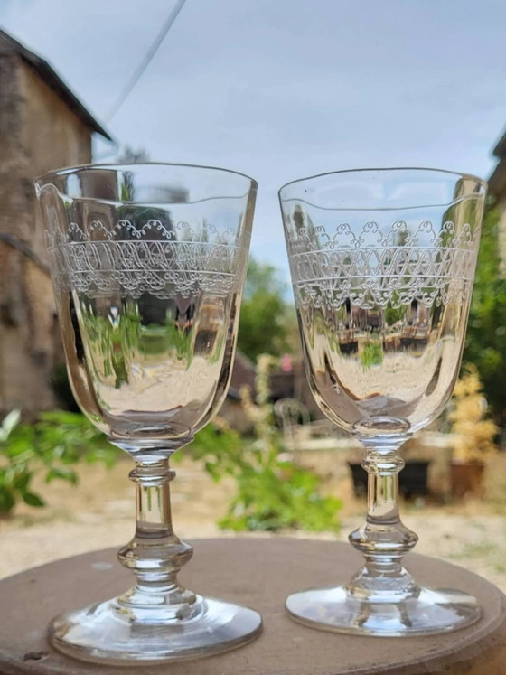 6 engraved glass wine/water glasses from the early 20th century. – Glass & Decanter, Crystal (photo 7 of 10)