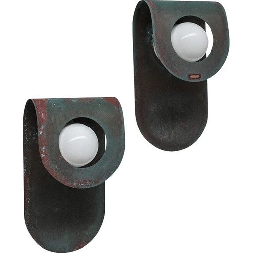 Pair of vintage wall lamp in patinated copper and opaline glass for Horn, Denmark 1980