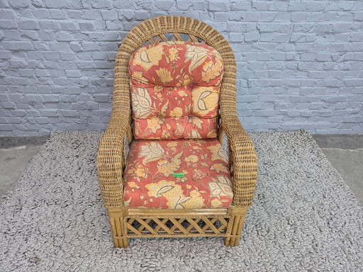 Luxurious Vintage Bamboo & Rattan Armchair with Floral Cushions – Warm Terracotta Tones