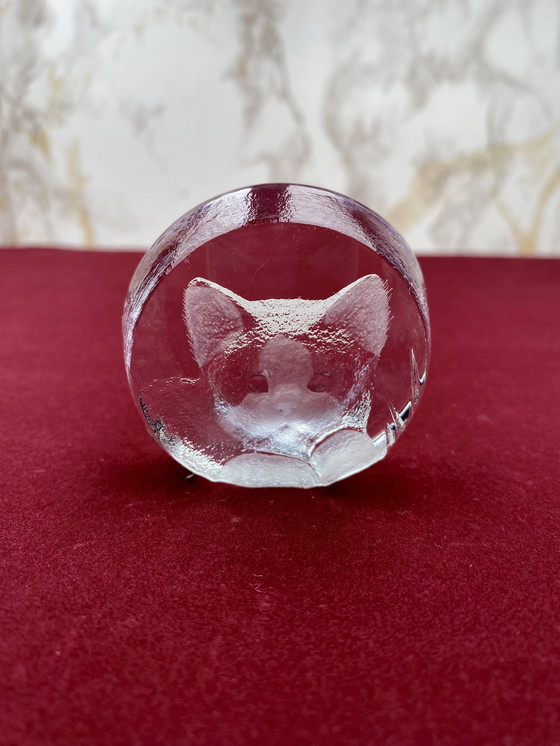 Image 1 of Swedish Mats Jonasson Lead Crystal Cat/Kitten Glass Sculpture / Small Paperweight With A Label And Signature / Vintage Art