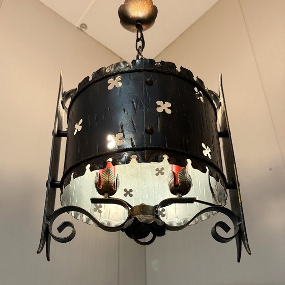 Brutalist classic castle style iron pendant lamp 1960s, Metal, Black, Rustic (photo 4 of 13)