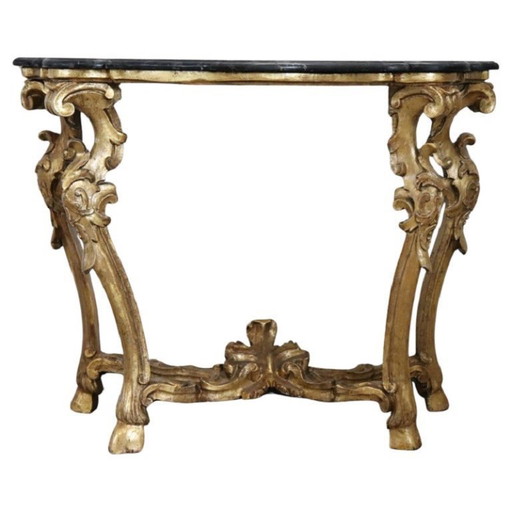 Table console ancienne en bois doré avec plateau en marbre, Italie, 18e siècle