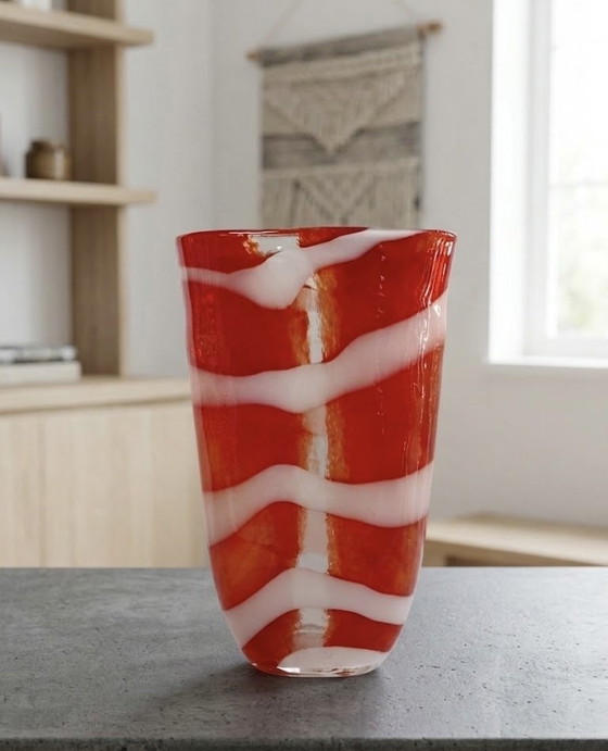 Image 1 of Gorgeous Hand-Blown Red & White Swirl Glass Vase