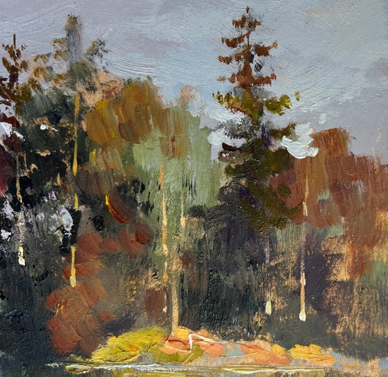 Image 1 of Original Oil Painting Gloomy Forest Landscape A river washes through the autumn forest