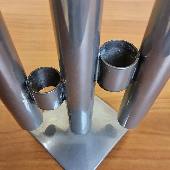 Image 1 of Vase/bougie moderniste en acier inoxydable, style vintage/ère spatiale, design italien (années 70), pour fleurs séchées.