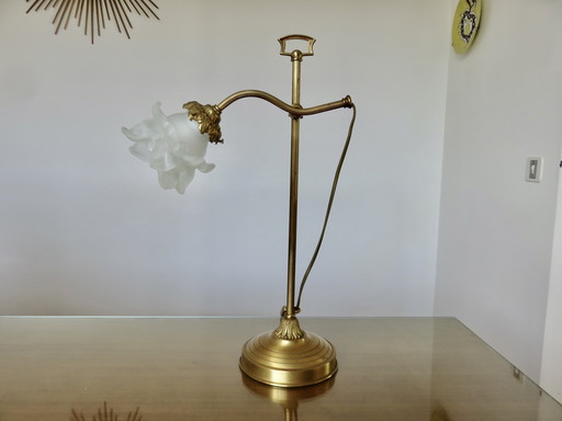 Imposing Art Nouveau Rose Tulip Lamp in Frosted Glass and Bronze