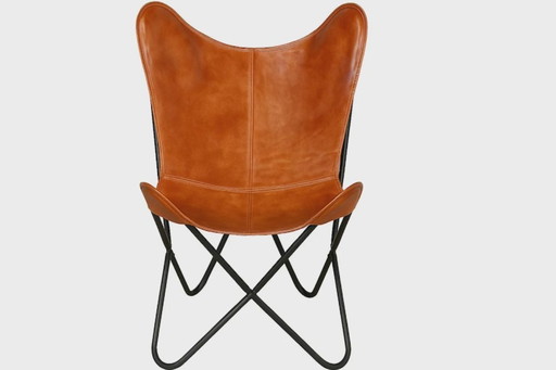 Chaise papillon en cuir fabriquée à la main, sièges de salon modernes du milieu du siècle, chaise à bandoulière beige