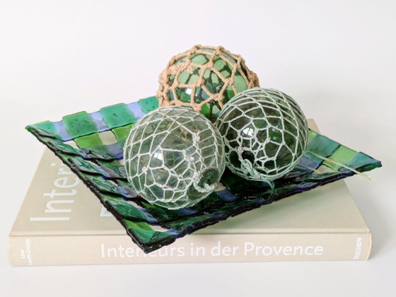 Image 1 of Satz von 3 antiken französischen Fischschwimmern, grünes Glas mit Netz