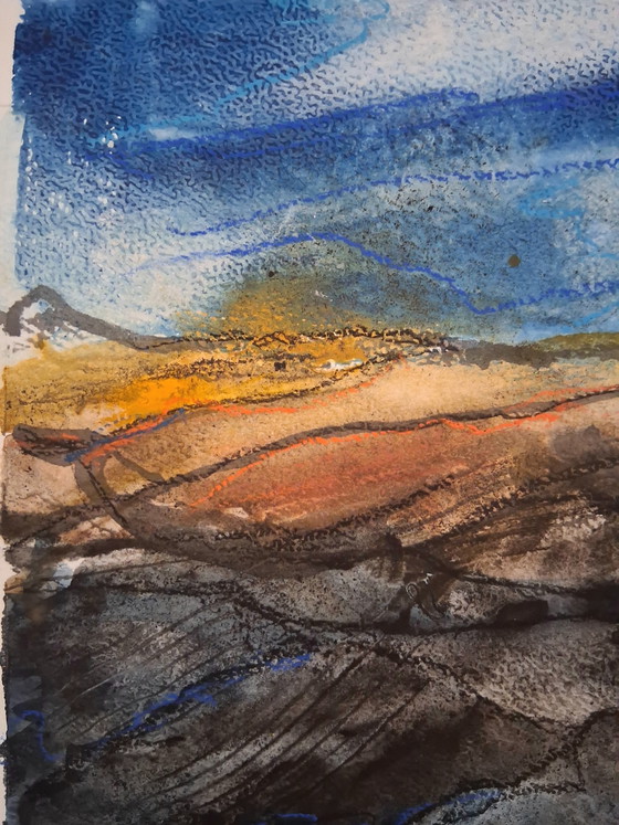 Image 1 of Big storm climes over the hills, mixed media watercolor with pastel on watercolor paper.