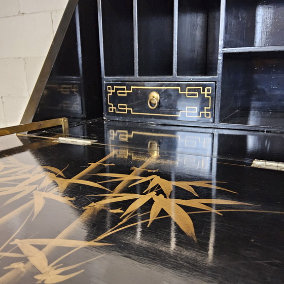 Image 1 of Vintage Chinese Lacquer Secretary / Desk with Mother-of-Pearl Overlay / Bohemian / Oriental Cabinet
