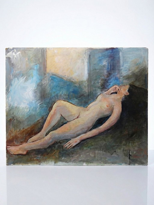 Large painting of a reclining nude woman, modern oil on panel, vintage style