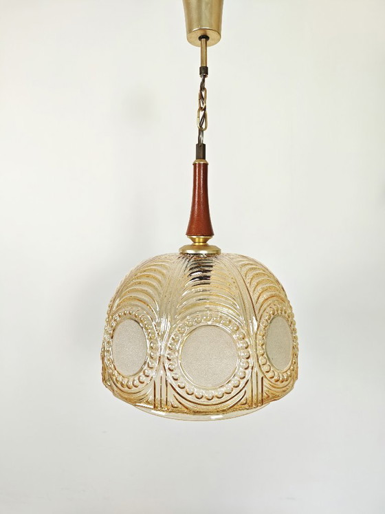 Image 1 of Vintage Amber Glass Pendant Light / 70s Mid Century Hanging Lamp / Retro Ceiling Light / Art Deco Style Glass Shade / Warm Ambie
