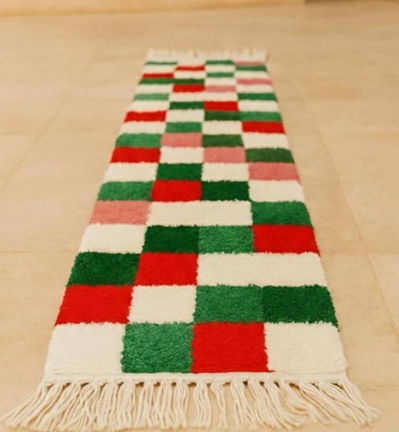 Image 1 of Christmas Moroccan Runner Rug – Red and Green Checkered Wool Hallway Runner, Handmade Berber Rug, Holiday Moroccan Decor, Cozy 