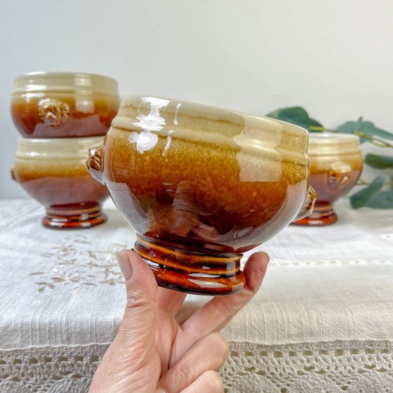 4 Keramische Leeuwenkop Schalen, Tweekleurig Gespikkeld – Émile Henry Stijl – Vintage Steengoed Made in France (photo 6 of 8)