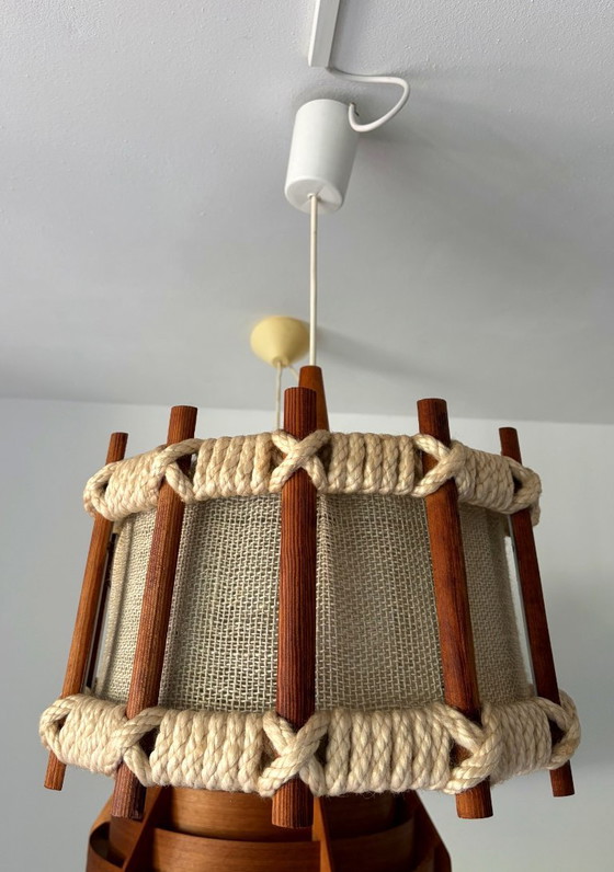 Lampada a sospensione vintage, in legno e corda, anni '60-'70 – Lampade a sospensione, Textile, Wood (photo 11 of 14)