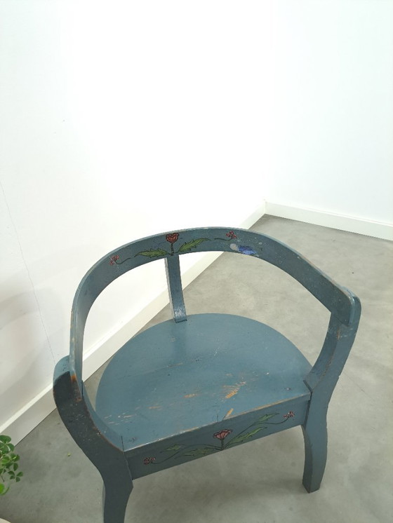Image 1 of Old wooden blue set of chairs with flowers from Sweden