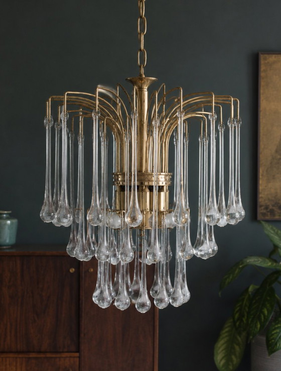 Lampadario vintage Murano a cascata – 56 gocce di vetro – Ottone – Design italiano anni '70 – Brass (photo 5 of 5)