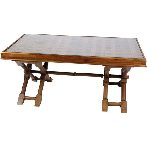 Tavolino da caffè vintage in legno scuro con piano in vetro, 1960