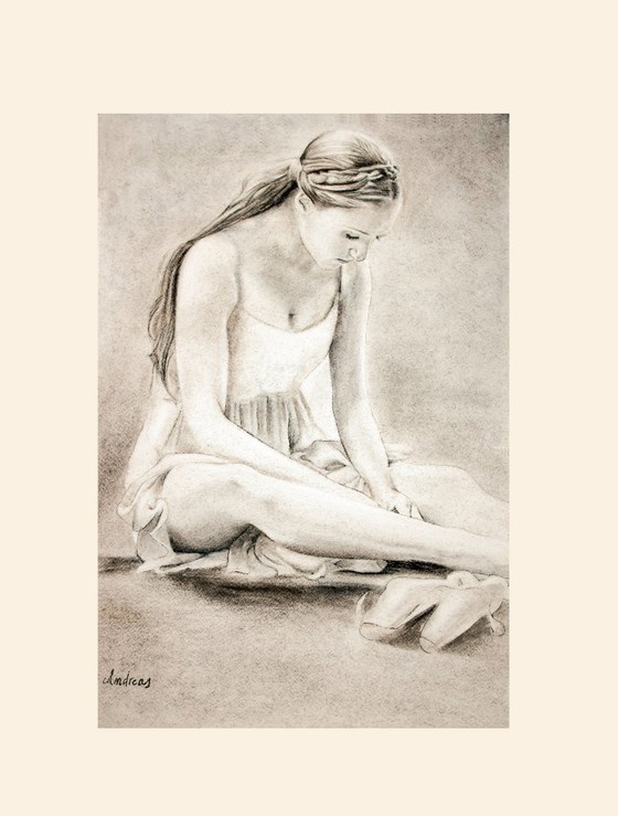 Image 1 of Charcoal drawing of a seated ballerina. Painting of a ballerina. New.