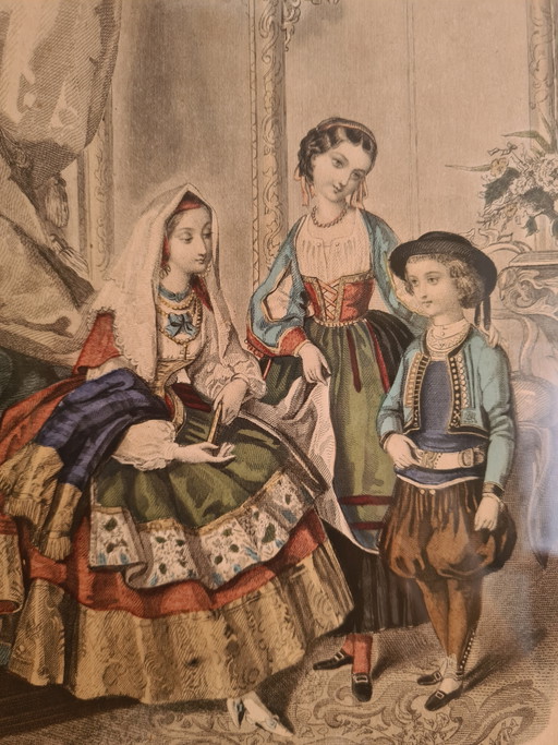 Grabado de moda de 1860 de Jules Desjardins - Lámina de moda mejorada y coloreada a mano, 40 x 30 cm, París. (photo 2 of 5)