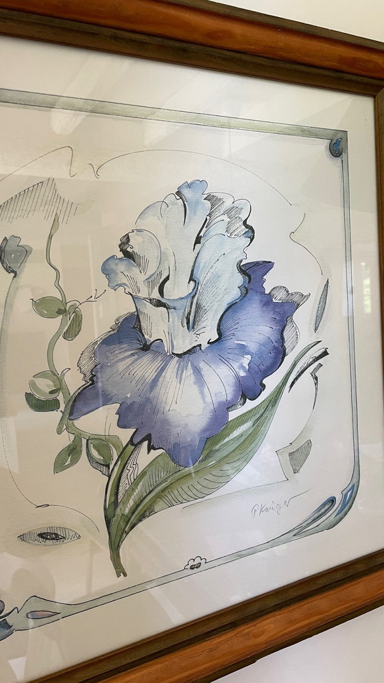 Image 1 of Irisblüte auf Papier Rahmen Holz Vintage