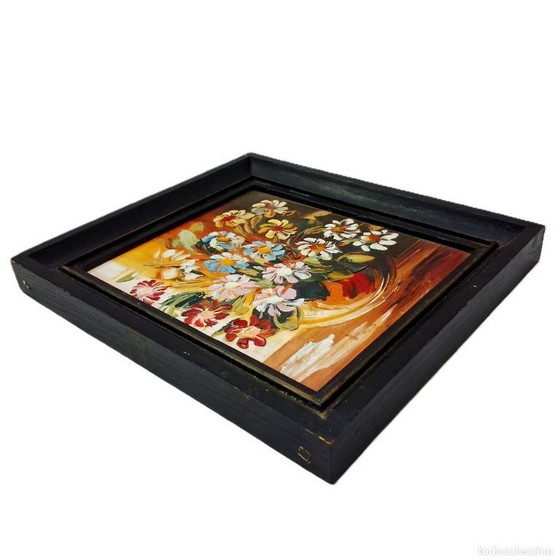 Image 1 of Dipinto a olio vintage con cornice – Natura morta floreale vibrante su pannello di fibra