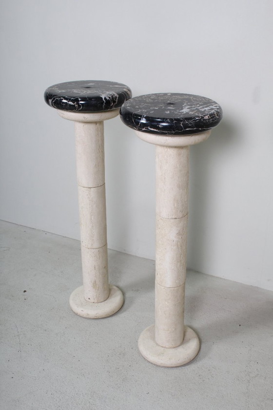 Image 1 of Colonne à plantes en travertin vintage et marbre