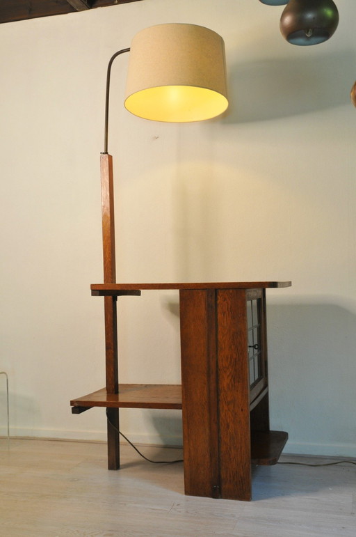 Rare art deco Amsterdam school floor lamp cabinet and side table in one