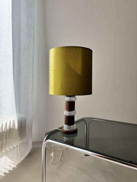 Image 1 of Lampe de table vintage en bois de rose cristal verre 1960s Fagerlund