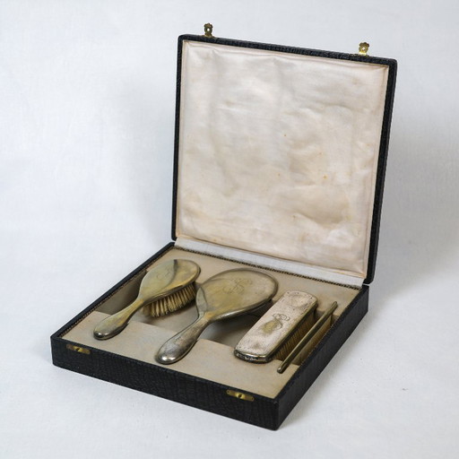 Victorian Sterling ladies Vanity set in anthracite faux croc box