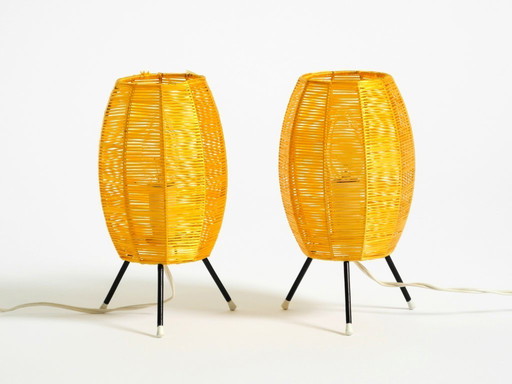 Two beautiful Mid Century modern tripod raffia table lamps