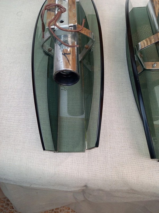 Image 1 of Paar VECA Italiaanse wandlampen voor Fontana Arte - verchroomd staal en kristalglas - jaren '60