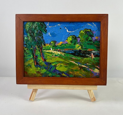 Original Oil Painting Summer Field Landscape Sky through green branches