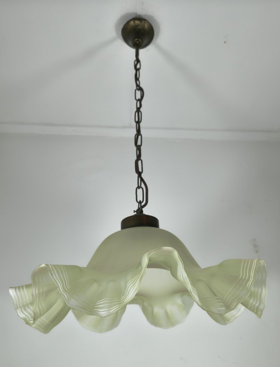 Image 1 of Lampada a sospensione francese vintage in vetro opalino satinato – stile Art Déco – Ø 42 cm