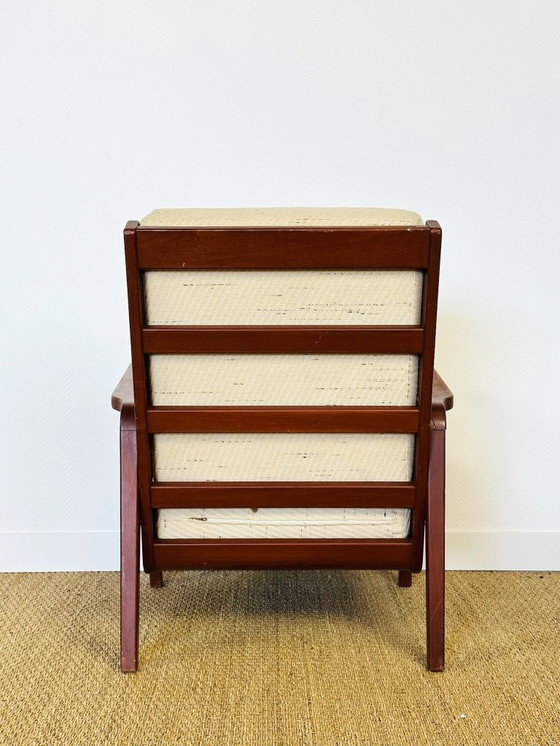 Image 1 of Vintage Scandinavische fauteuil van teakhout en beige textielstof, 1960