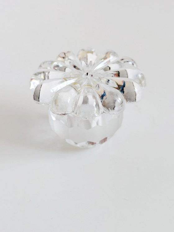 Image 1 of Set of 3 Vintage Crystal Candle Holders, Midcentury Faceted Glass Daisy Base Ornaments