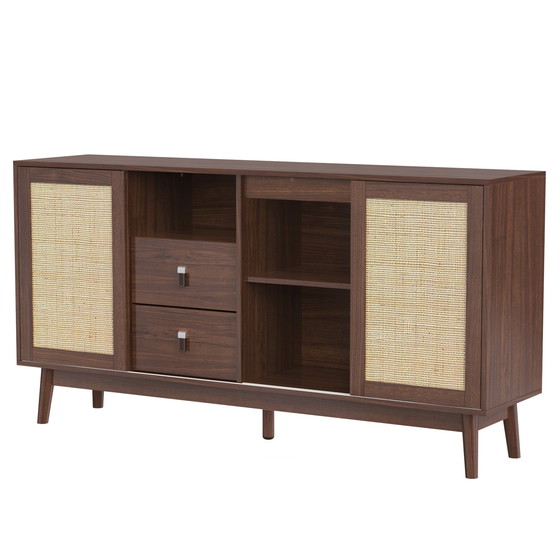 Image 1 of Urban Meuble sideboard in walnut look with 3 sliding rattan doors and 2 drawers 155x38x80cm USOH WALNUT